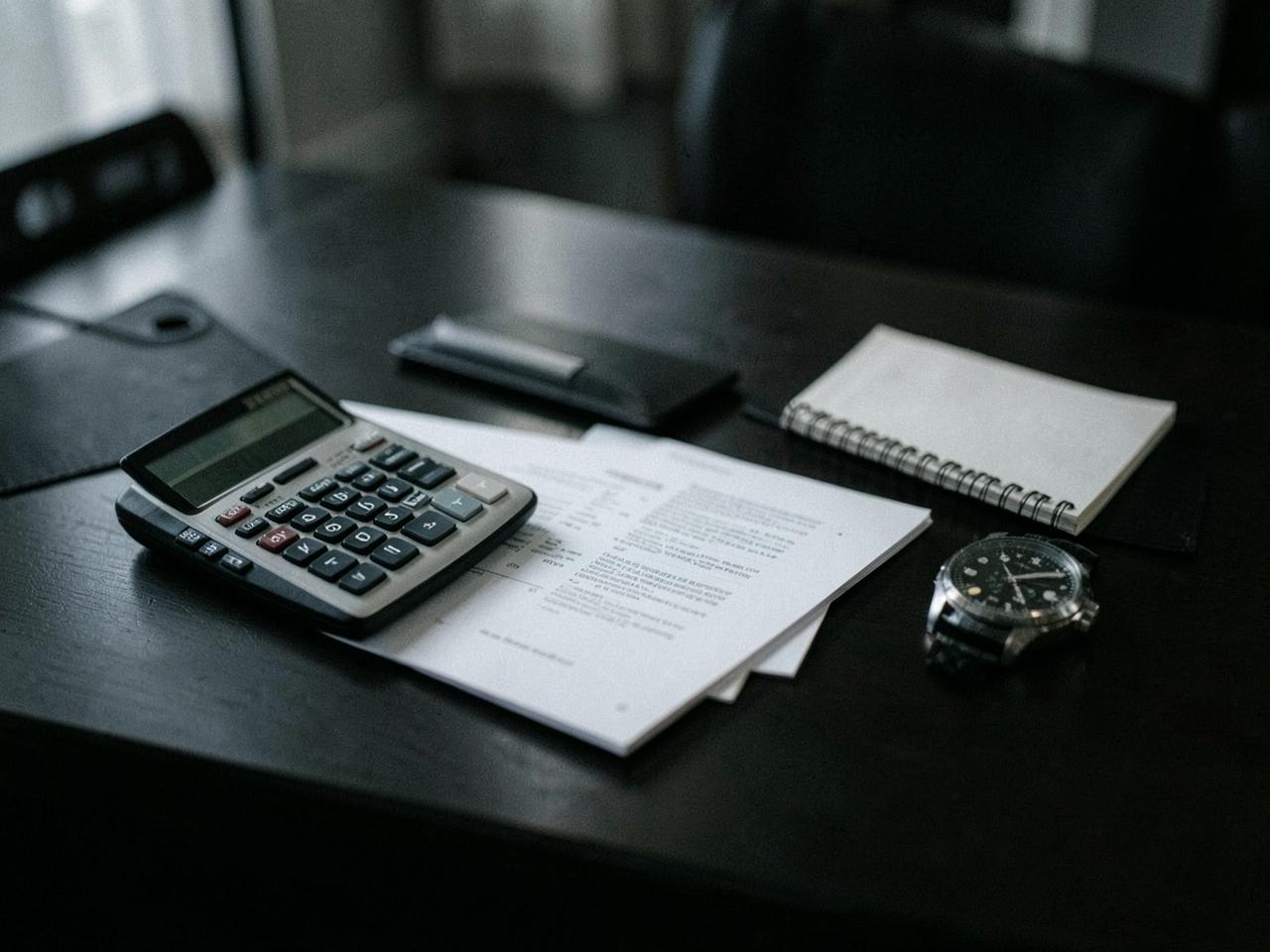 Documentos, calculadora e relógio mecânico sobre mesa escura
